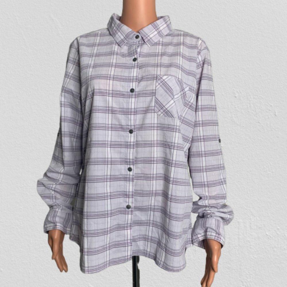 PrAna Purple Plaid Button Down Blouse w/ Pocket XL